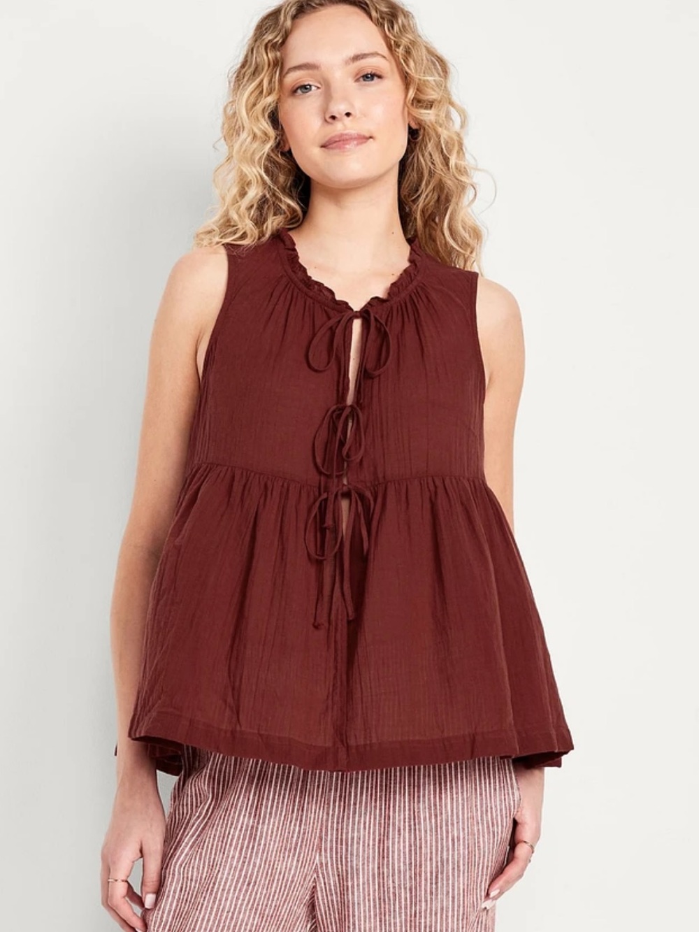 OLD NAVY Tie Front Baby Doll Top Reddish Brown Medium Lightweight Boho Summer